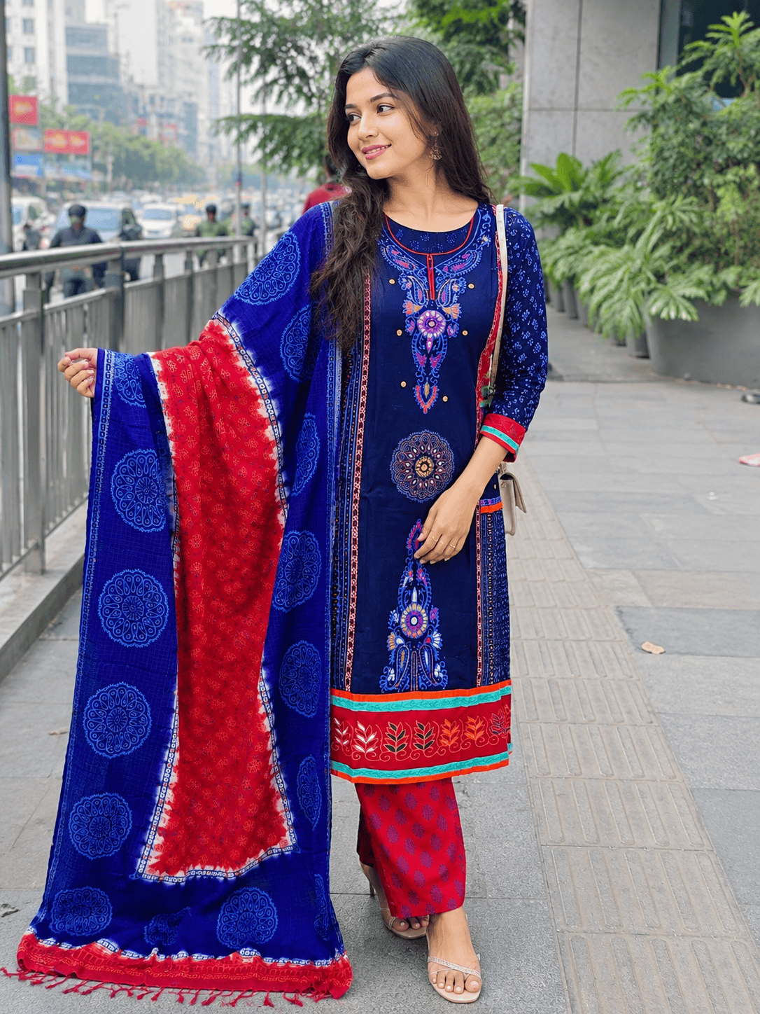 Premium Hand Work Block Print Cotton Three Piece for Women – Navy Blue & Red